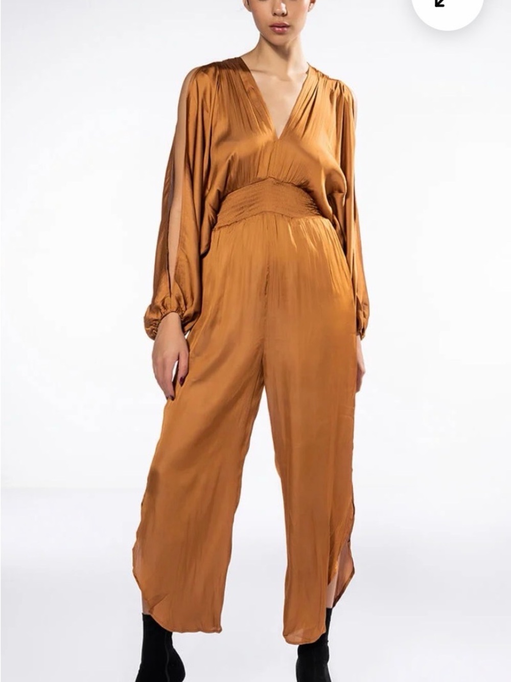 Smocked-Waist V-Neck Jumpsuit in Caramel Bronze XS